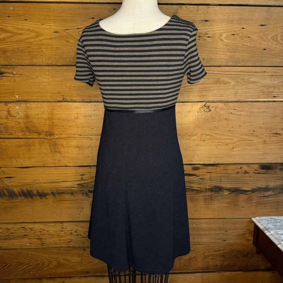 Vintage 1990s La Belle Fashions Stretch Babydoll dress Olive Black Stripe - Picture 2 of 8
